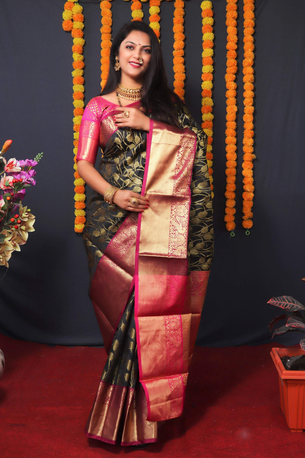Jyoti Fashion Women's Black Kanchipuram Silk Zari Woven Saree with Blouse | Grocsy
