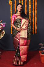 Jyoti Fashion Women's Black Kanchipuram Silk Zari Woven Saree with Blouse | Grocsy