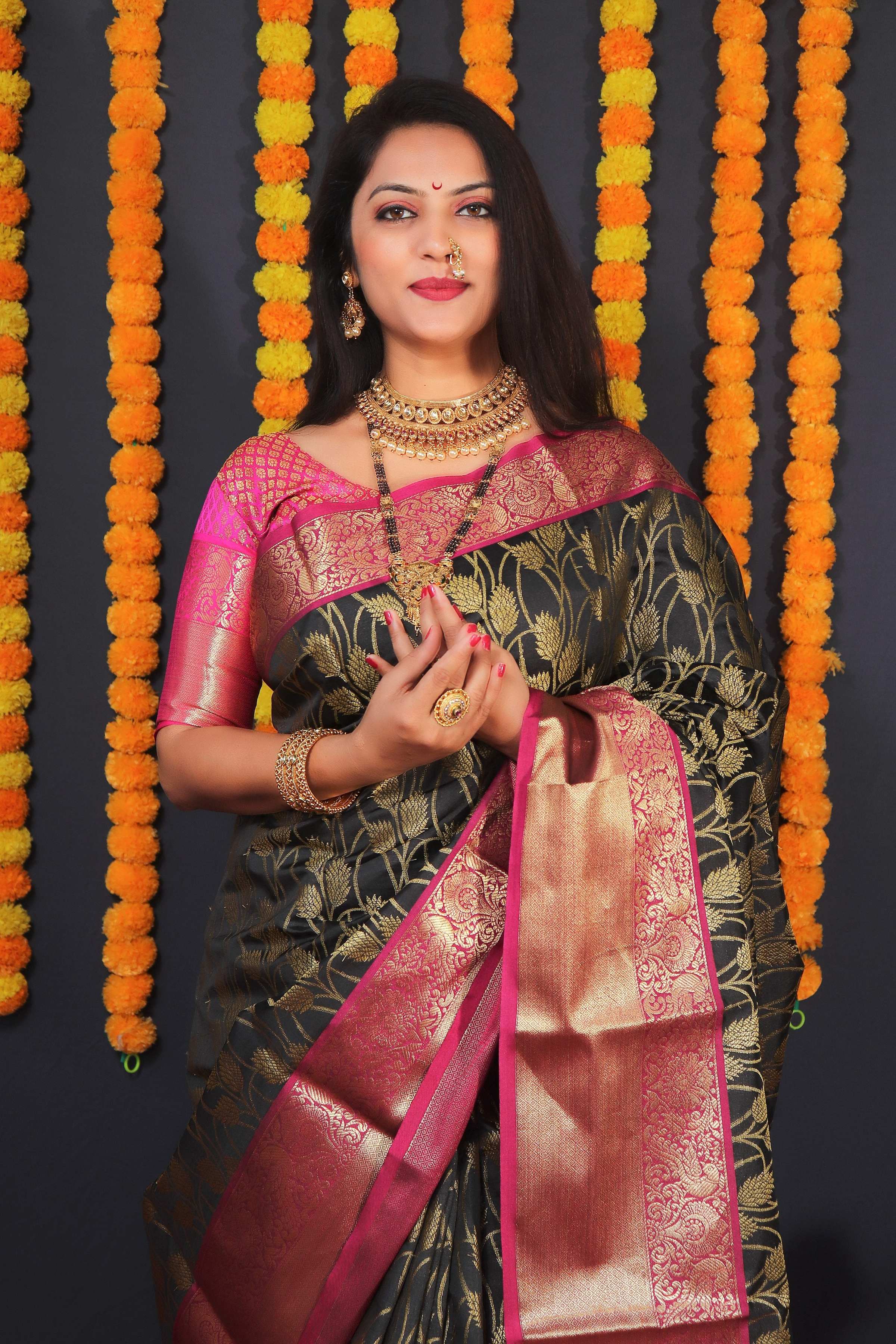Jyoti Fashion Women's Black Kanchipuram Silk Zari Woven Saree with Blouse | Grocsy