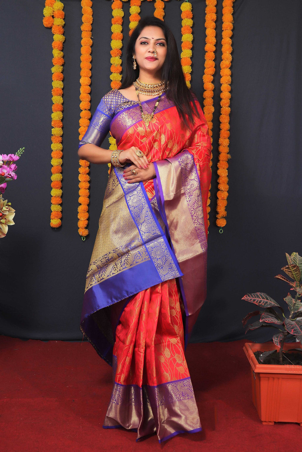 Jyoti Fashion Women's Red Kanchipuram Silk Zari Woven Saree with Blouse | Grocsy