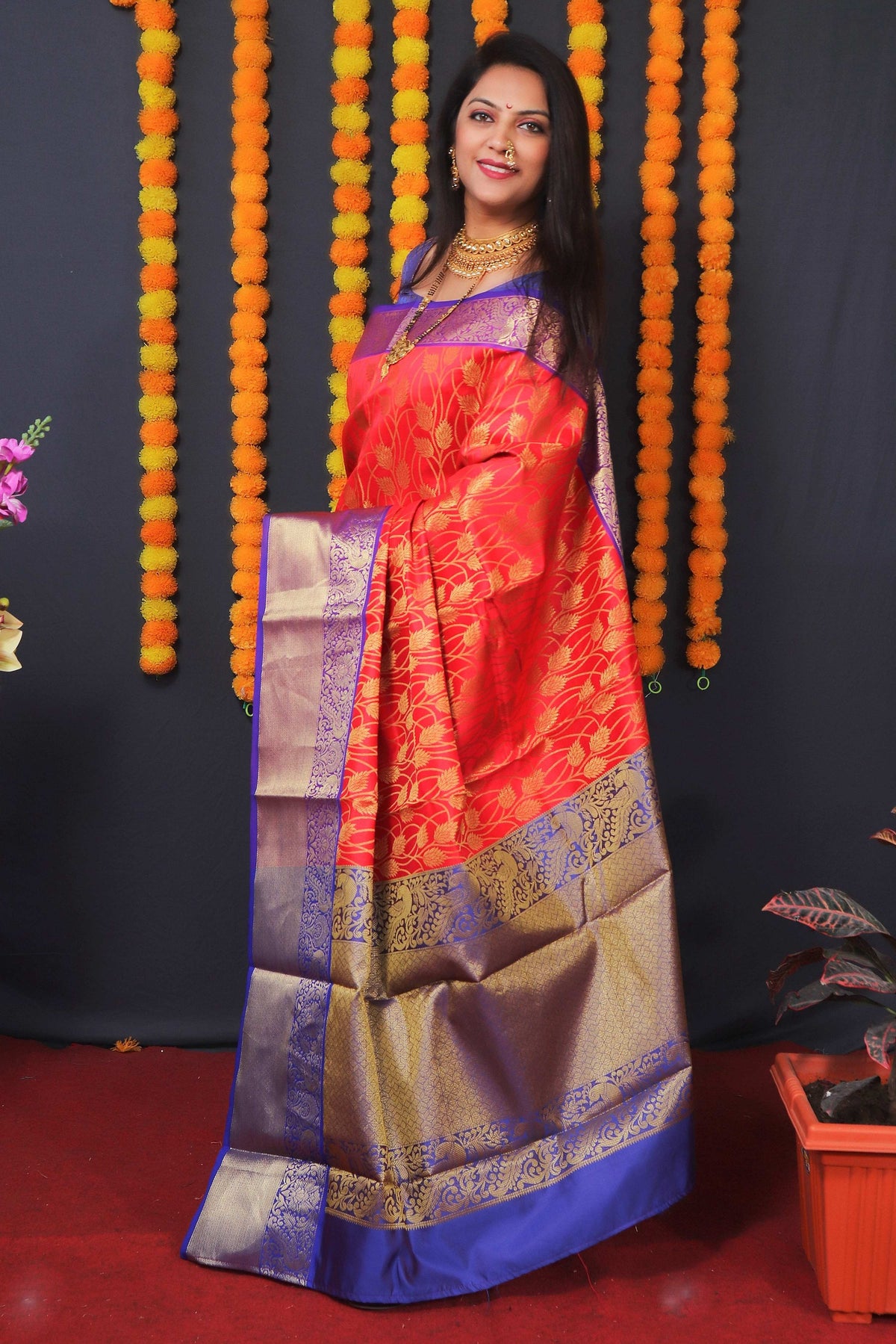Jyoti Fashion Women's Red Kanchipuram Silk Zari Woven Saree with Blouse | Grocsy