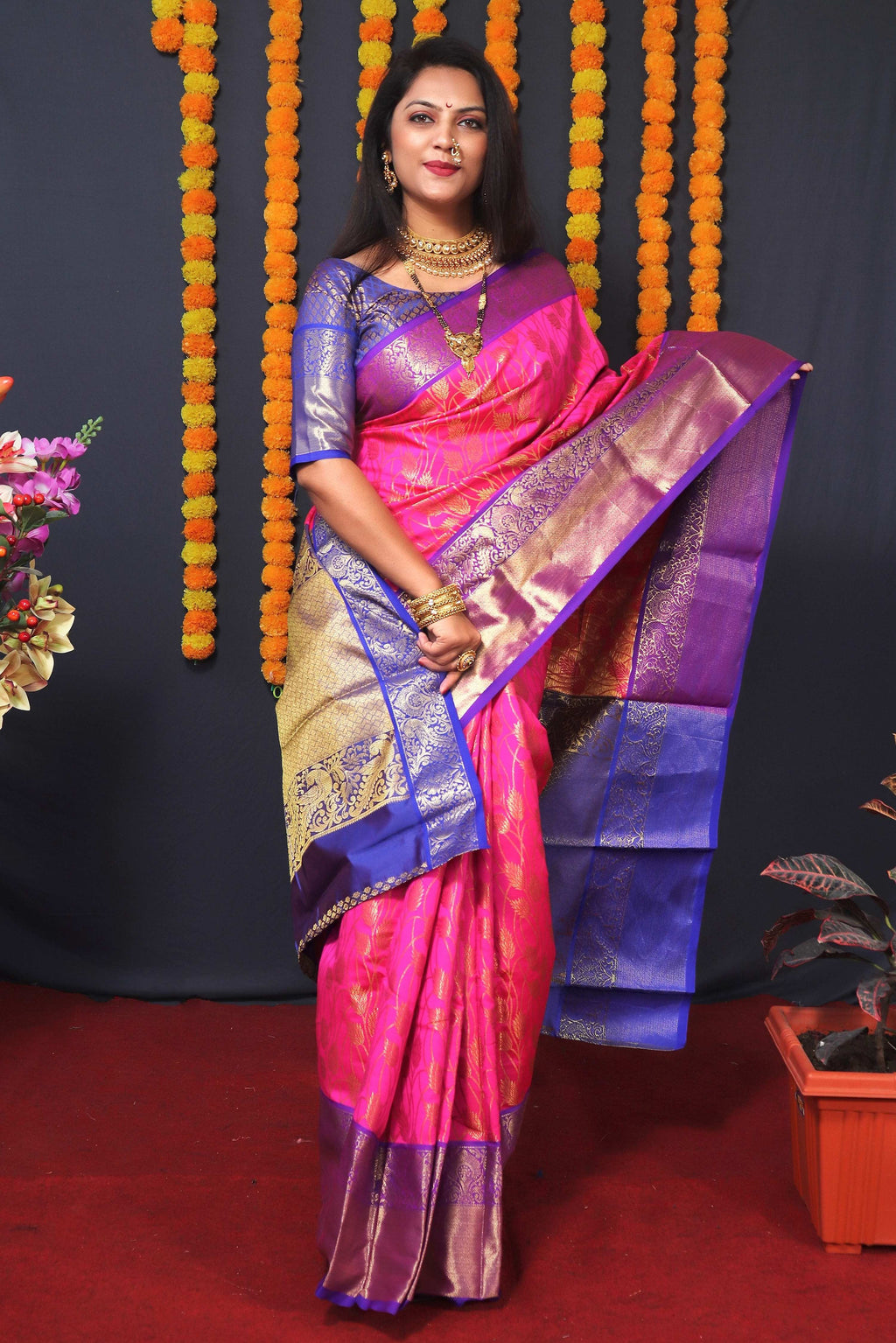 Jyoti Fashion Women's Pink Kanchipuram Silk Zari Woven Saree with Blouse | Grocsy