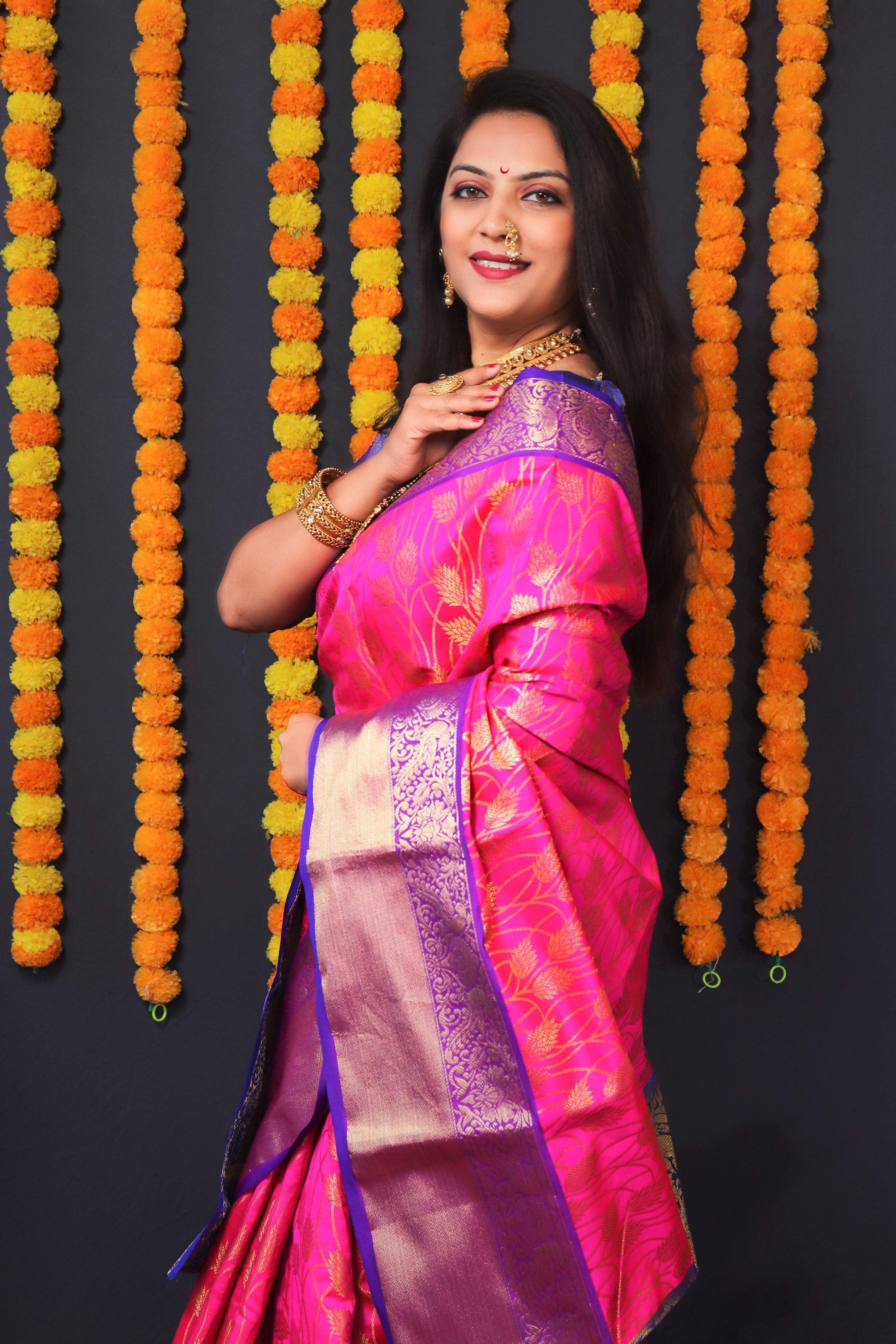 Jyoti Fashion Women's Pink Kanchipuram Silk Zari Woven Saree with Blouse | Grocsy