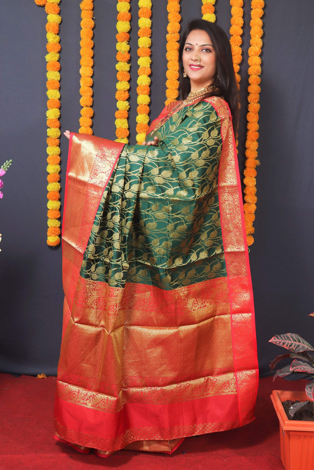 Jyoti Fashion Women's Green Kanchipuram Silk Zari Woven Saree with Blouse | Grocsy