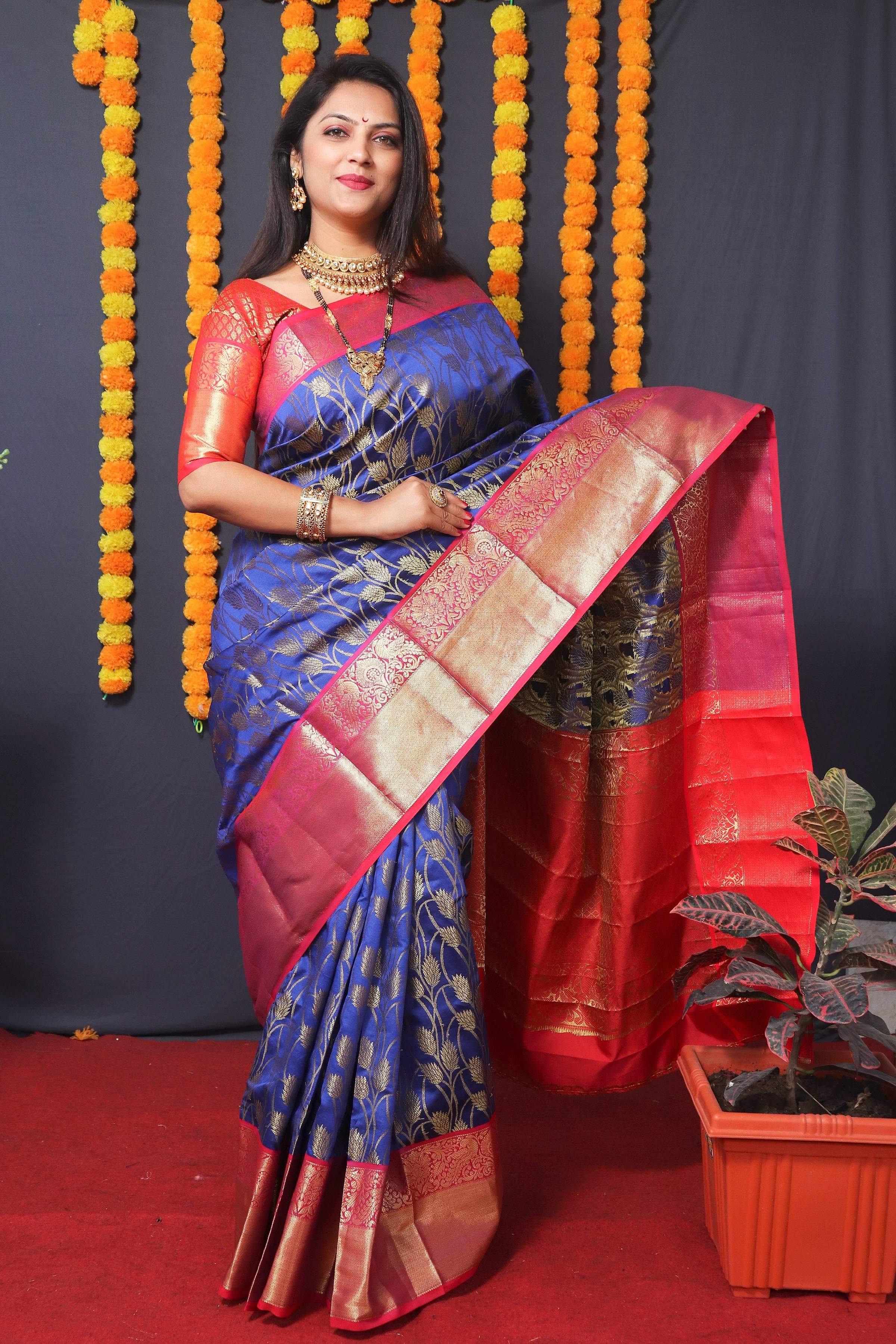 Jyoti Fashion Women's Blue Kanchipuram Silk Zari Woven Saree with Blouse | Grocsy