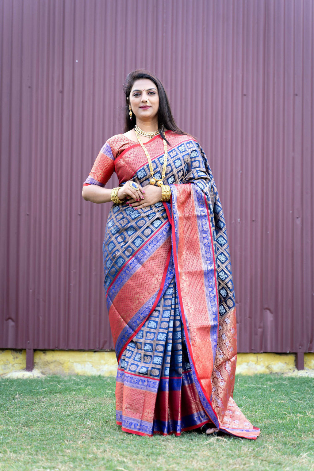 Jyoti Fashion Women's Blue Kanchipuram Silk Zari Woven Saree with Blouse | Grocsy