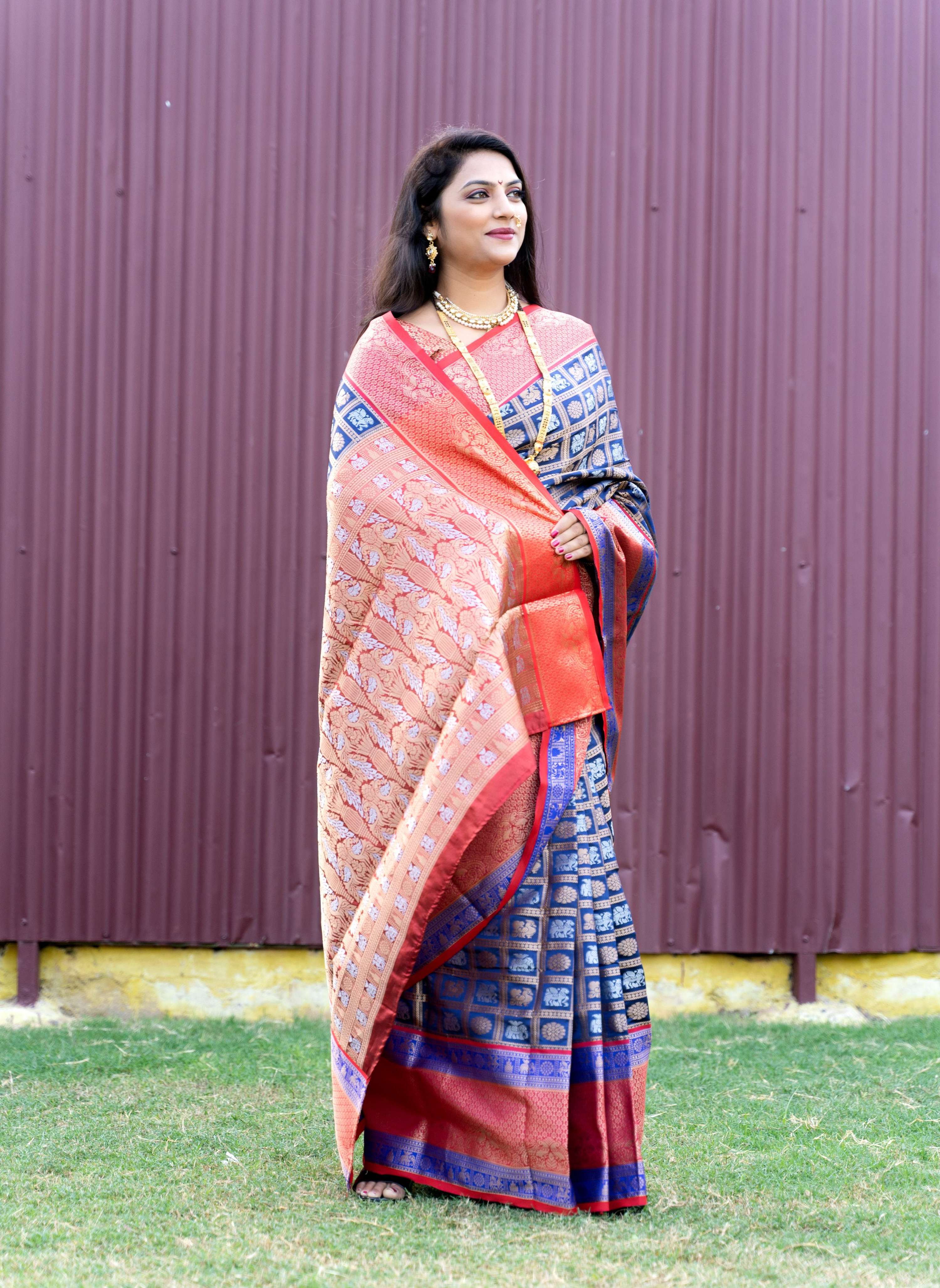 Jyoti Fashion Women's Blue Kanchipuram Silk Zari Woven Saree with Blouse | Grocsy