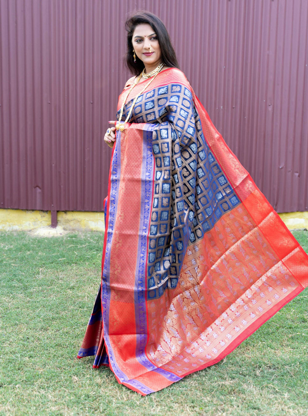Jyoti Fashion Women's Blue Kanchipuram Silk Zari Woven Saree with Blouse | Grocsy