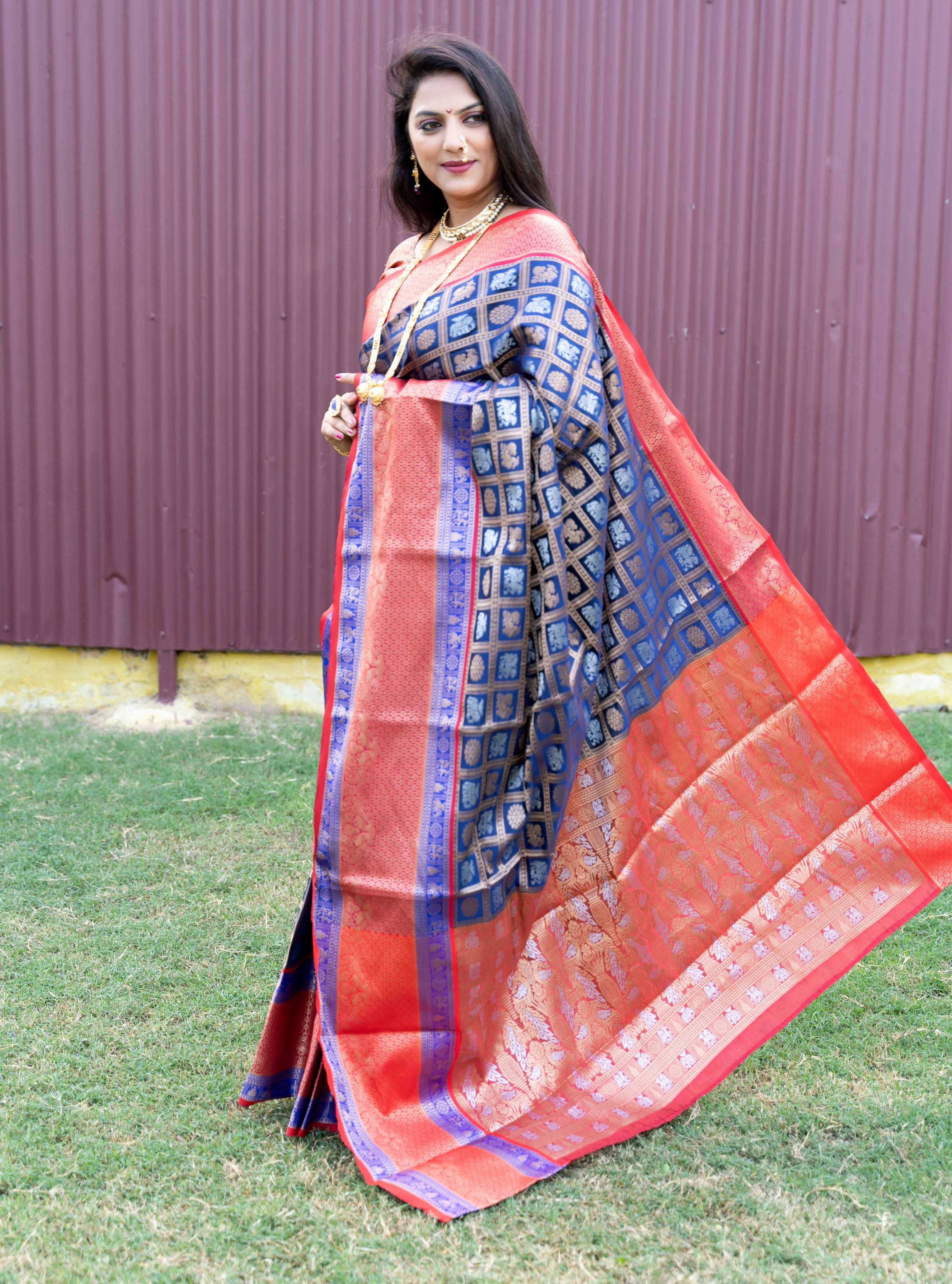 Jyoti Fashion Women's Blue Kanchipuram Silk Zari Woven Saree with Blouse | Grocsy