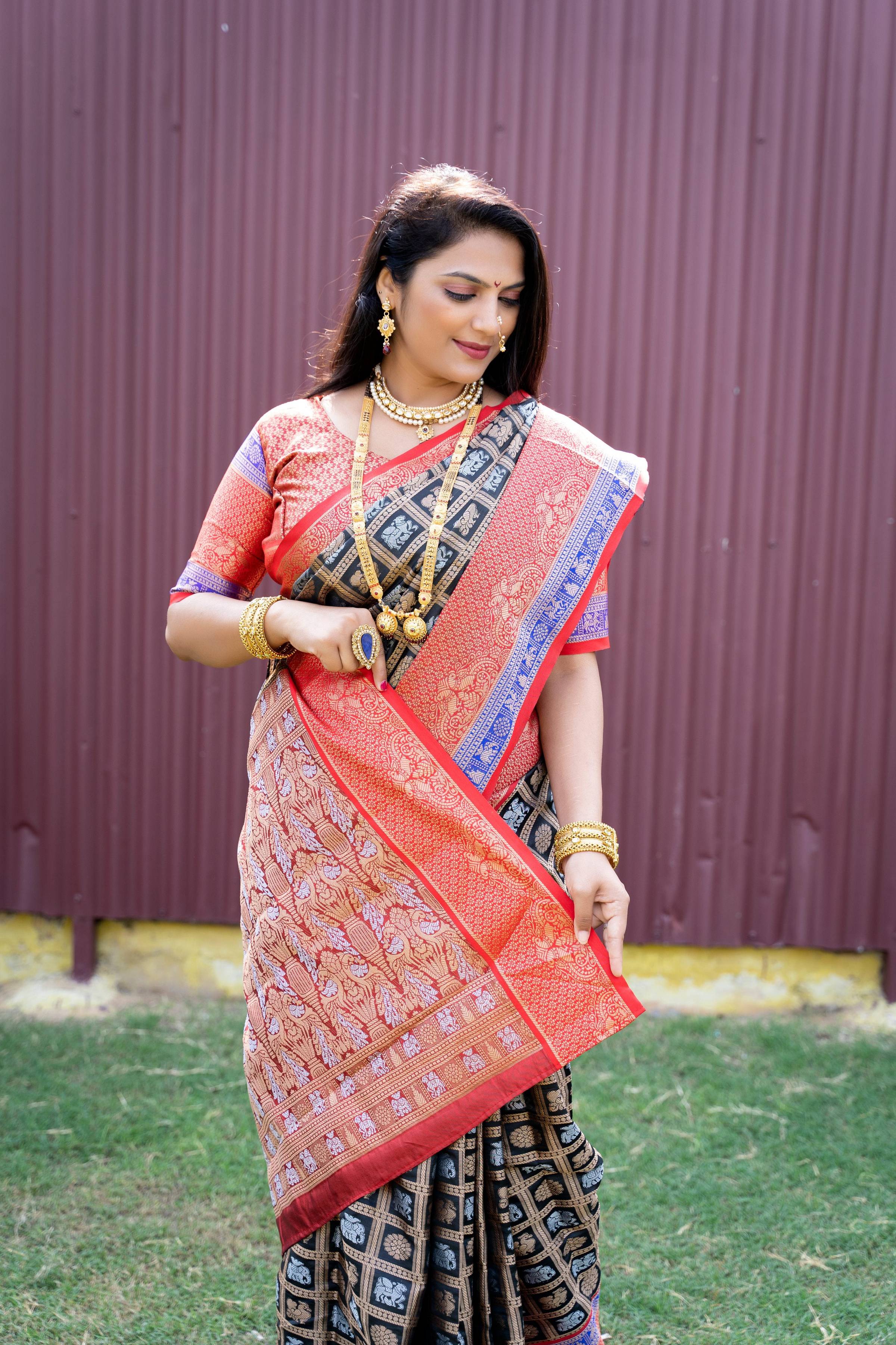 Jyoti Fashion Women's Black Kanchipuram Silk Zari Woven Saree with Blouse | Grocsy