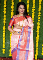 Jyoti Fashion Women's Peach Kanchipuram Silk Zari Woven Saree with Blouse | Grocsy