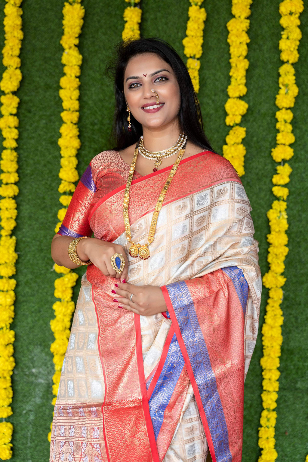 Jyoti Fashion Women's Off White Kanchipuram Silk Zari Woven Saree with Blouse | Grocsy