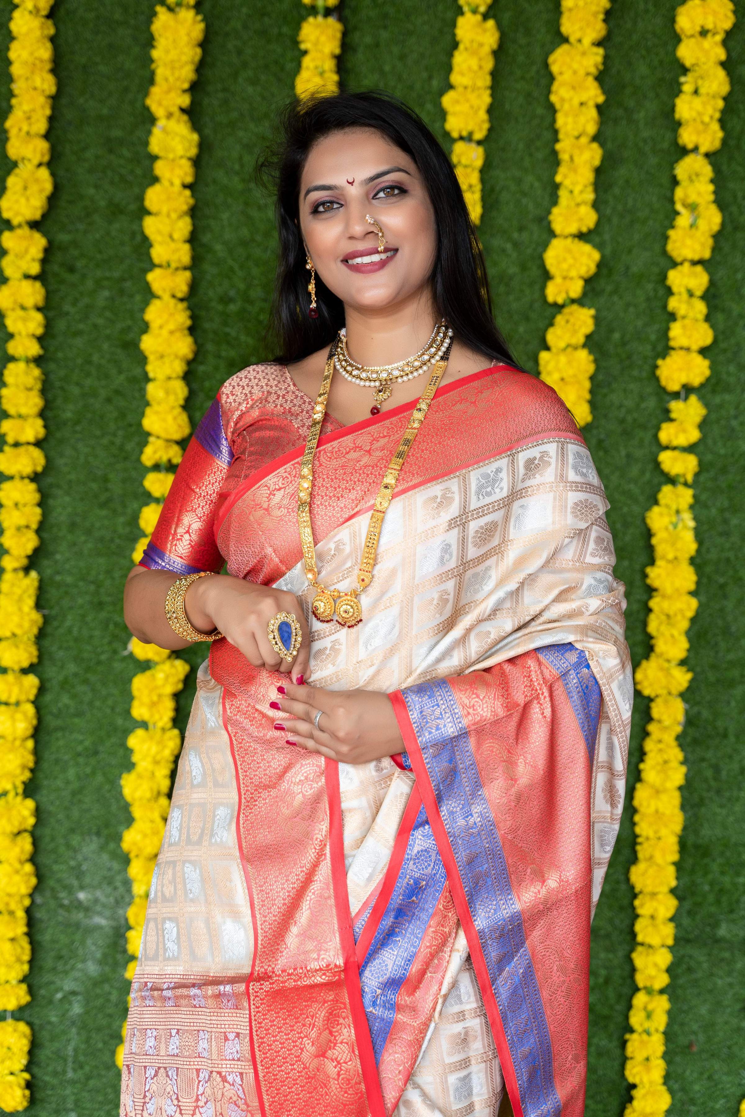 Jyoti Fashion Women's Off White Kanchipuram Silk Zari Woven Saree with Blouse | Grocsy