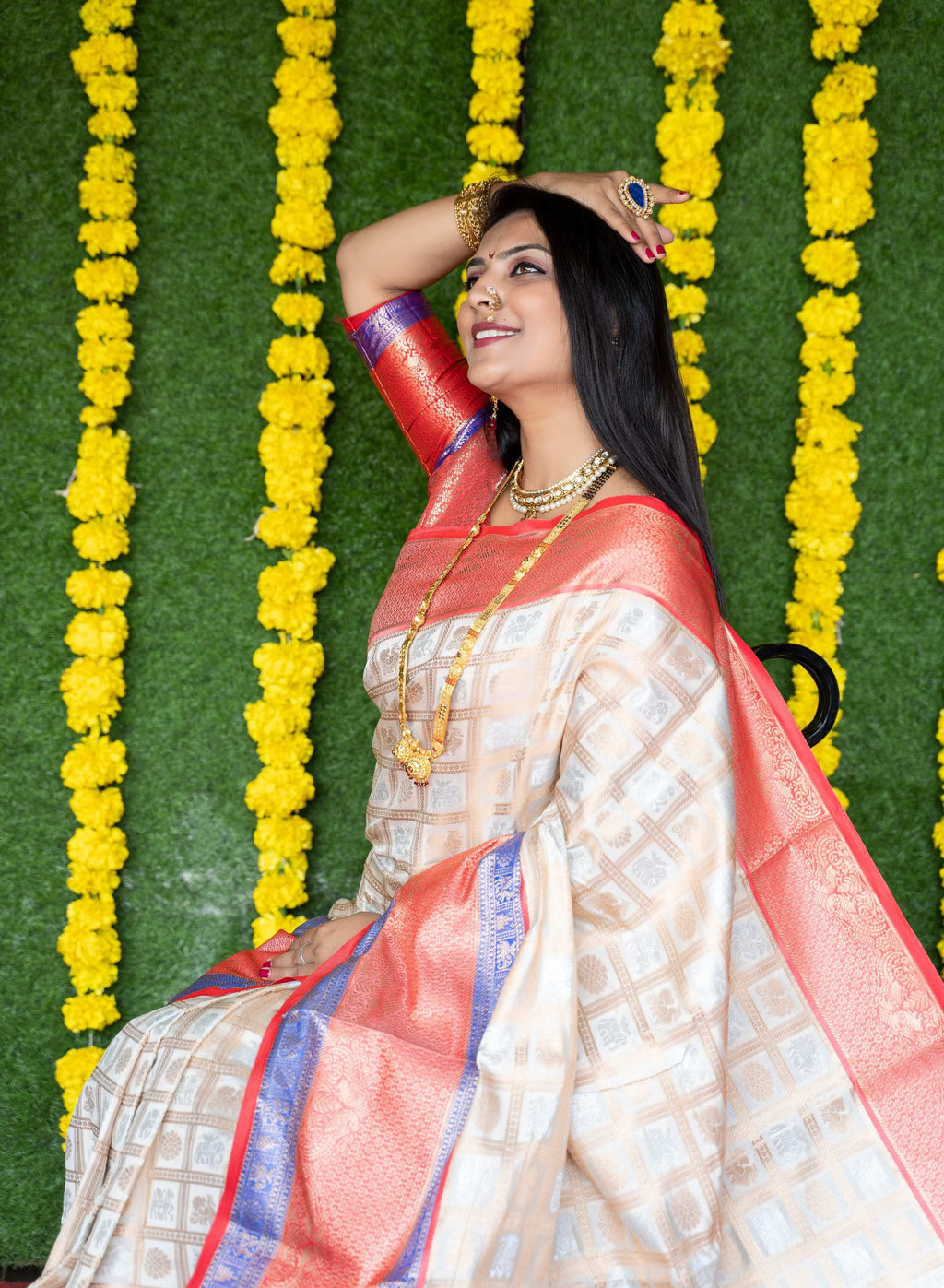 Jyoti Fashion Women's Off White Kanchipuram Silk Zari Woven Saree with Blouse | Grocsy