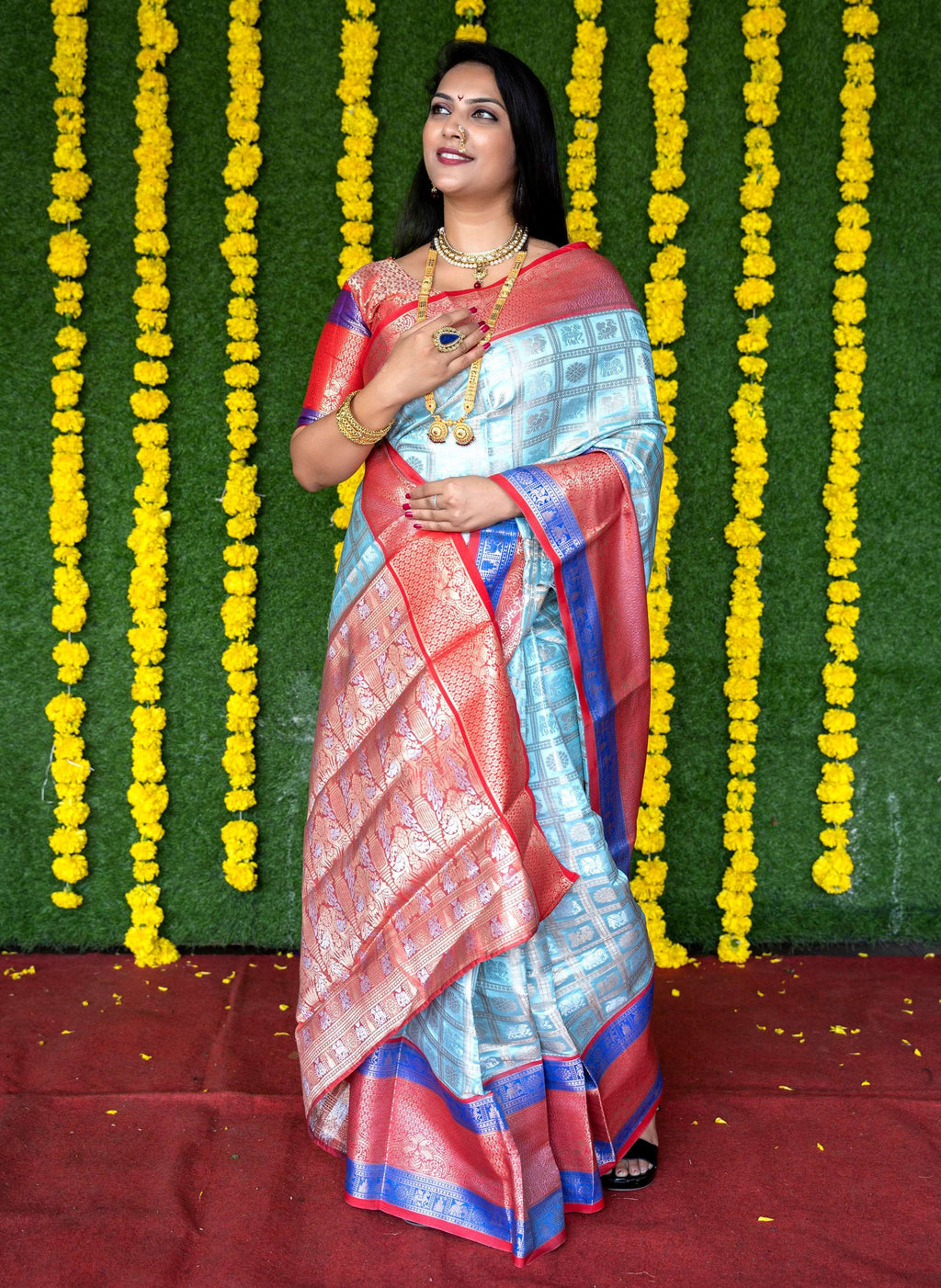 Jyoti Fashion Women's Sky Blue Kanchipuram Silk Zari Woven Saree with Blouse | Grocsy