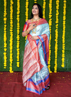 Jyoti Fashion Women's Sky Blue Kanchipuram Silk Zari Woven Saree with Blouse | Grocsy