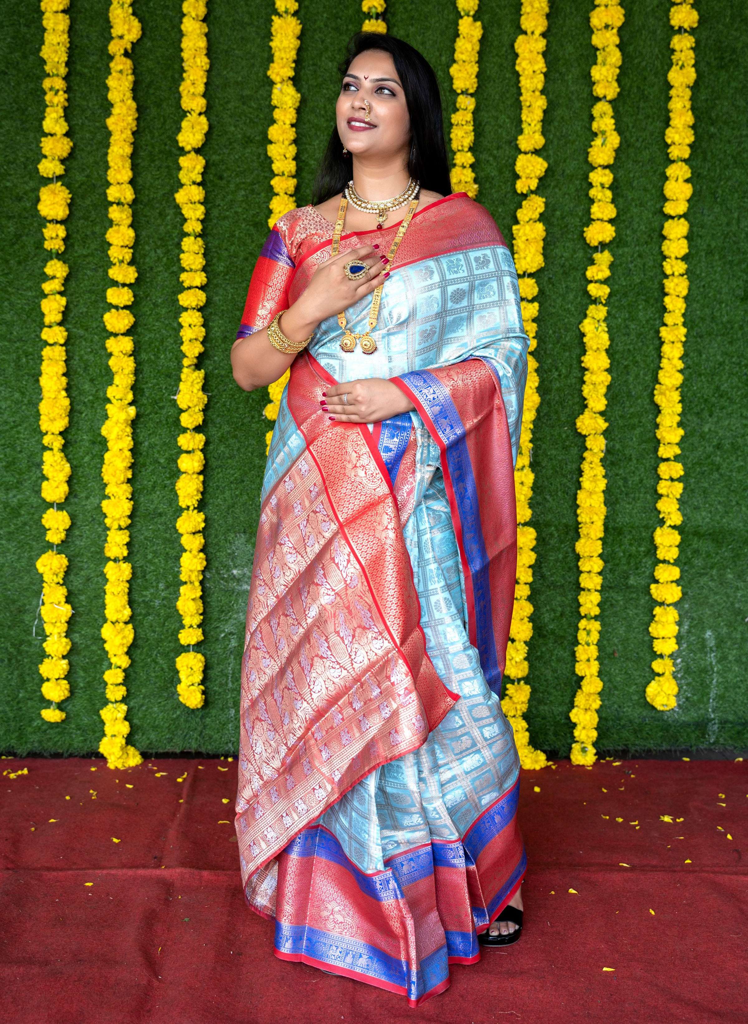 Jyoti Fashion Women's Sky Blue Kanchipuram Silk Zari Woven Saree with Blouse | Grocsy