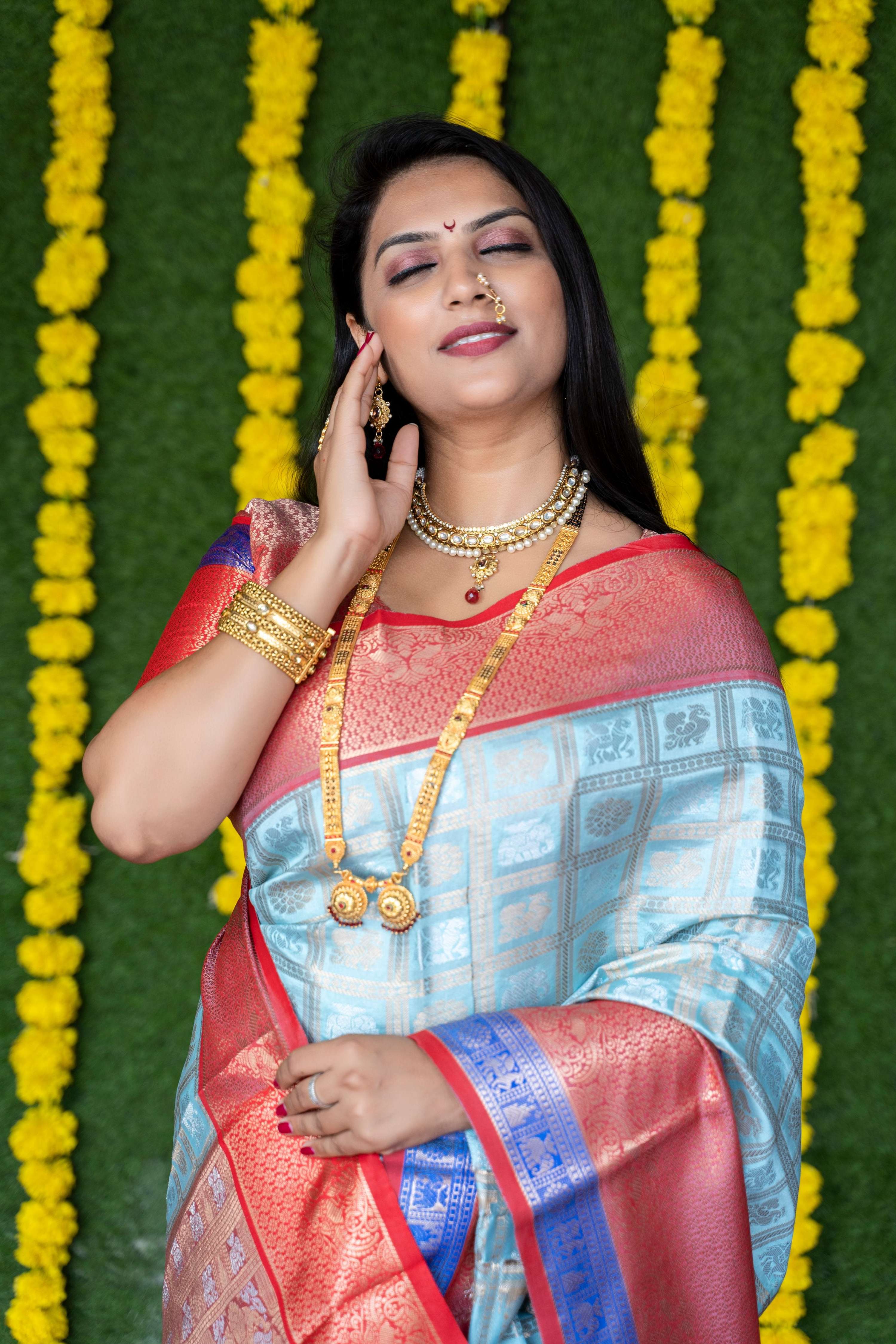 Jyoti Fashion Women's Sky Blue Kanchipuram Silk Zari Woven Saree with Blouse | Grocsy