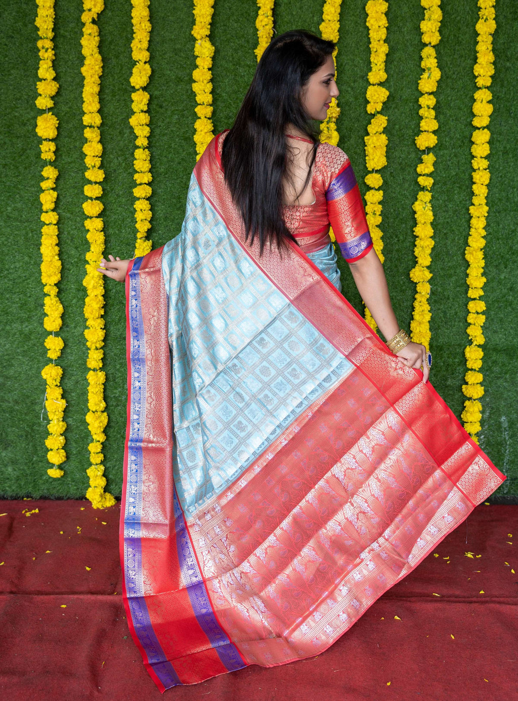Jyoti Fashion Women's Sky Blue Kanchipuram Silk Zari Woven Saree with Blouse | Grocsy