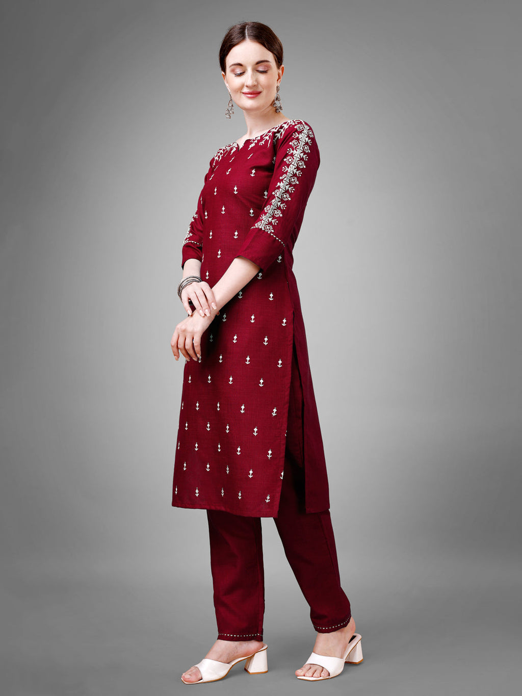 Jyoti Fashion Women's Maroon Cotton Blend Sequins with Embroidered Kurta Set | Grocsy