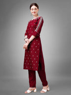 Jyoti Fashion Women's Maroon Cotton Blend Sequins with Embroidered Kurta Set | Grocsy