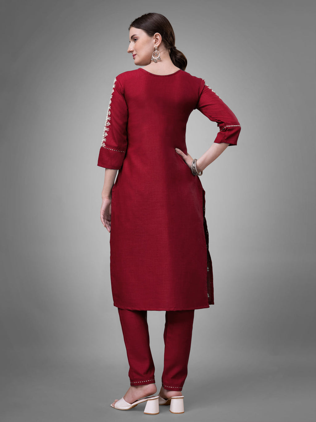 Jyoti Fashion Women's Maroon Cotton Blend Sequins with Embroidered Kurta Set | Grocsy