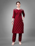 Jyoti Fashion Women's Maroon Cotton Blend Sequins with Embroidered Kurta Set | Grocsy