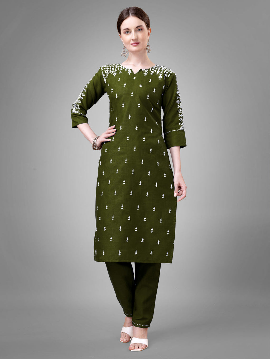 Jyoti Fashion Women's Mehendi Cotton Blend Sequins with Embroidered Kurta Set | Grocsy