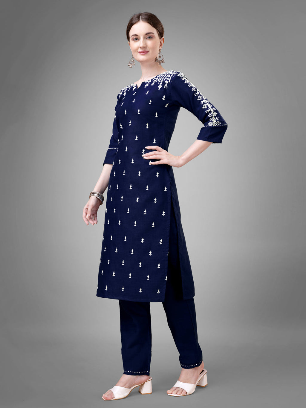 Jyoti Fashion Women's Navy Blue Cotton Blend Sequins with Embroidered Kurta Set | Grocsy