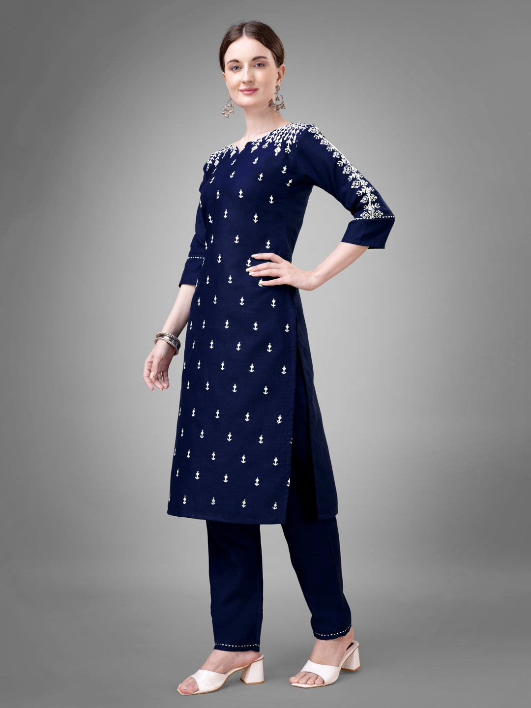 Jyoti Fashion Women's Navy Blue Cotton Blend Sequins with Embroidered Kurta Set | Grocsy