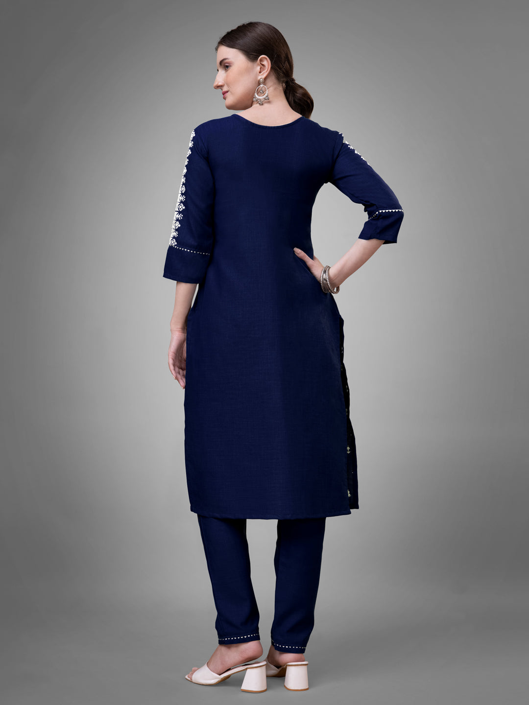 Jyoti Fashion Women's Navy Blue Cotton Blend Sequins with Embroidered Kurta Set | Grocsy