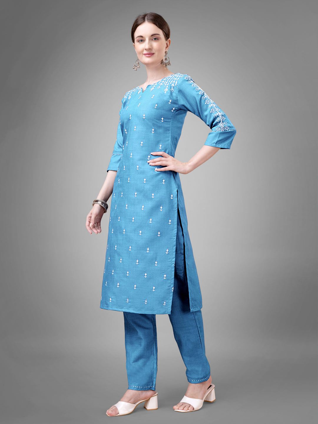 Jyoti Fashion Women's Sky Blue Cotton Blend Sequins with Embroidered Kurta Set | Grocsy