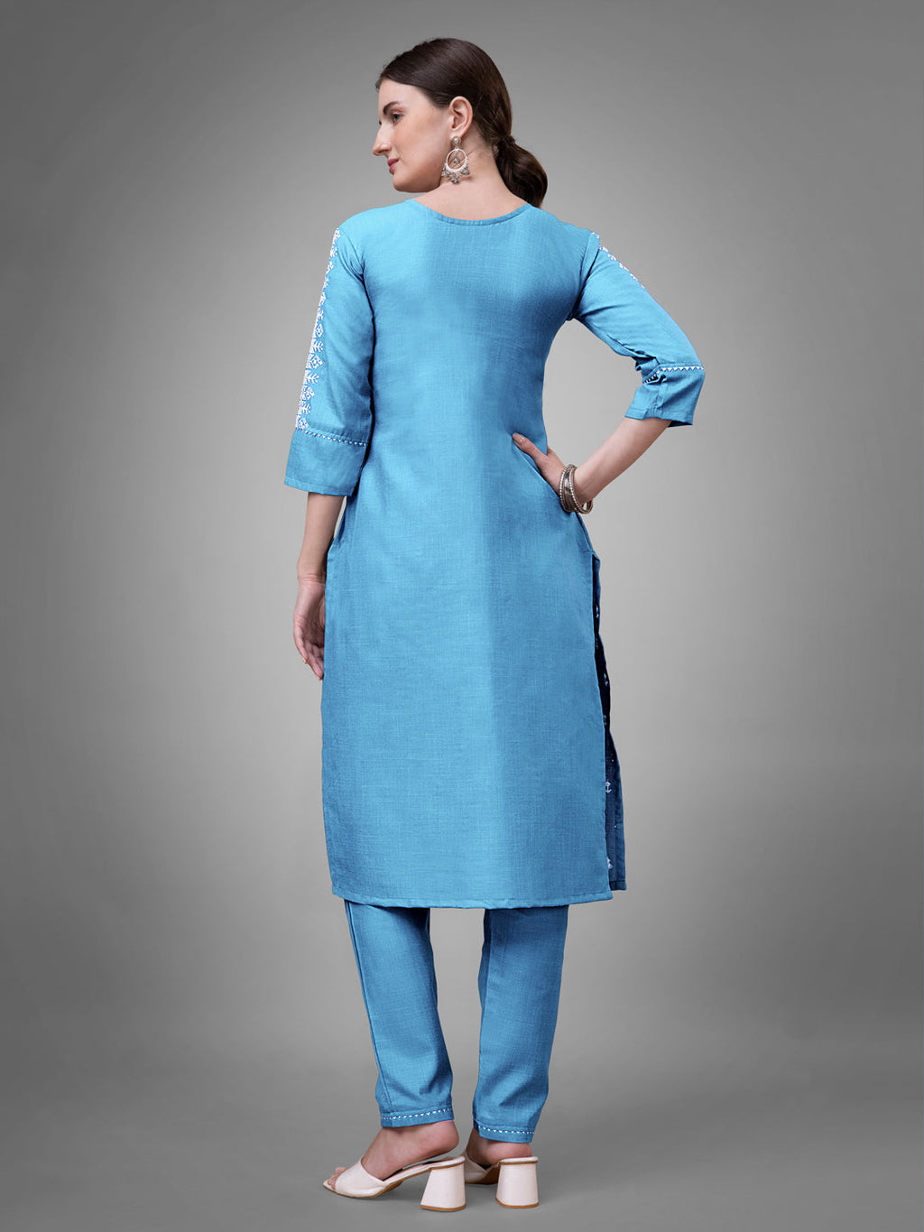 Jyoti Fashion Women's Sky Blue Cotton Blend Sequins with Embroidered Kurta Set | Grocsy