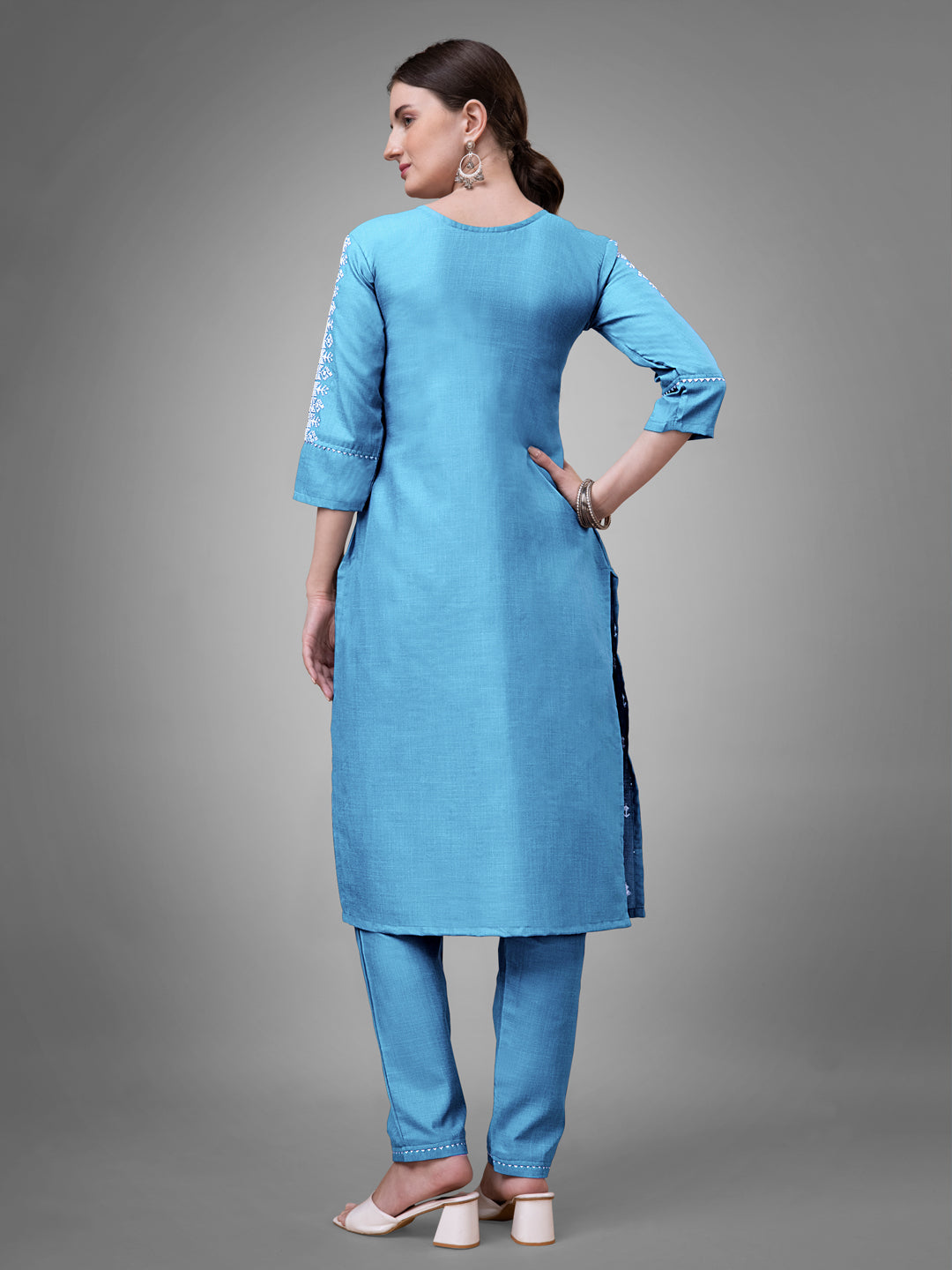 Jyoti Fashion Women's Sky Blue Cotton Blend Sequins with Embroidered Kurta Set | Grocsy