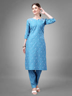 Jyoti Fashion Women's Sky Blue Cotton Blend Sequins with Embroidered Kurta Set | Grocsy