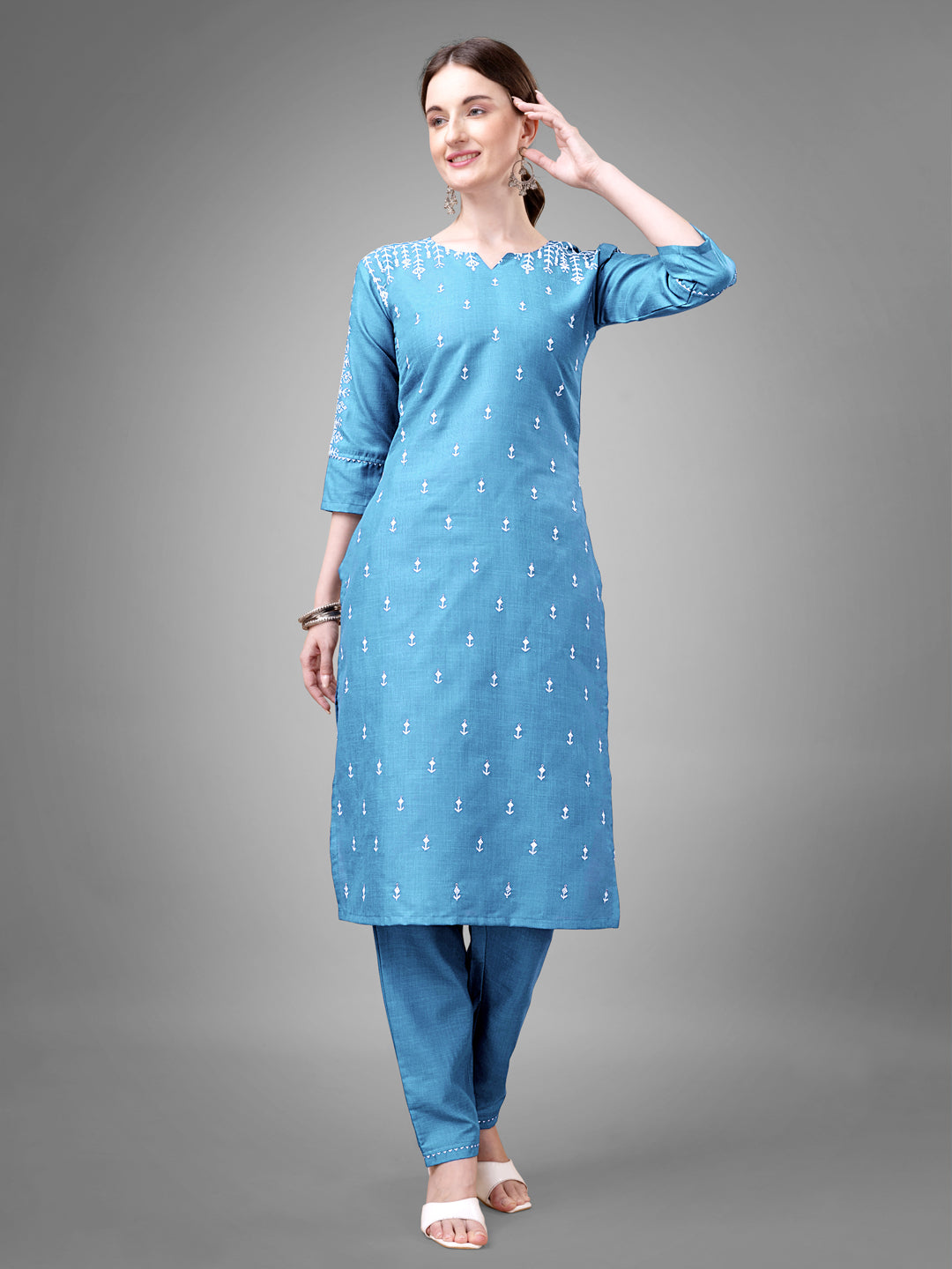 Jyoti Fashion Women's Sky Blue Cotton Blend Sequins with Embroidered Kurta Set | Grocsy