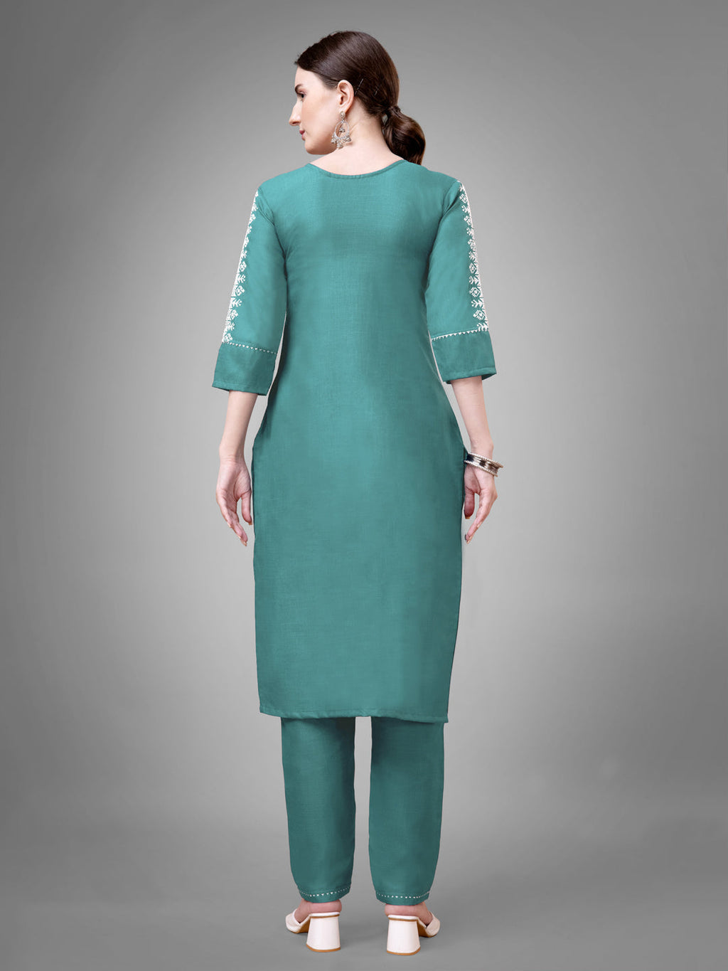 Jyoti Fashion Women's Teal Cotton Blend Sequins with Embroidered Kurta Set | Grocsy
