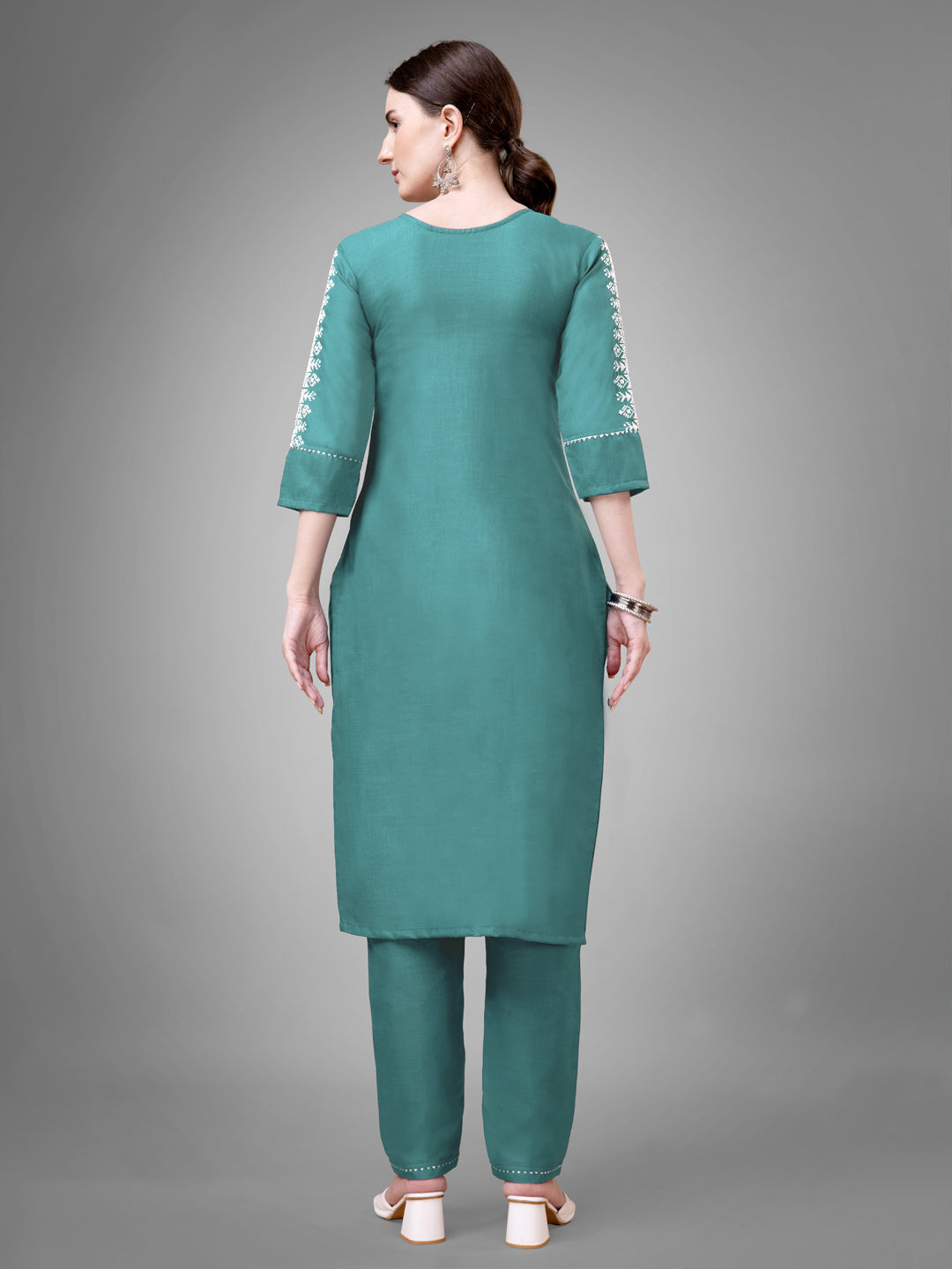Jyoti Fashion Women's Teal Cotton Blend Sequins with Embroidered Kurta Set | Grocsy