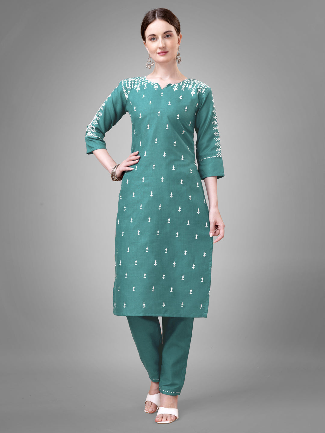 Jyoti Fashion Women's Teal Cotton Blend Sequins with Embroidered Kurta Set | Grocsy