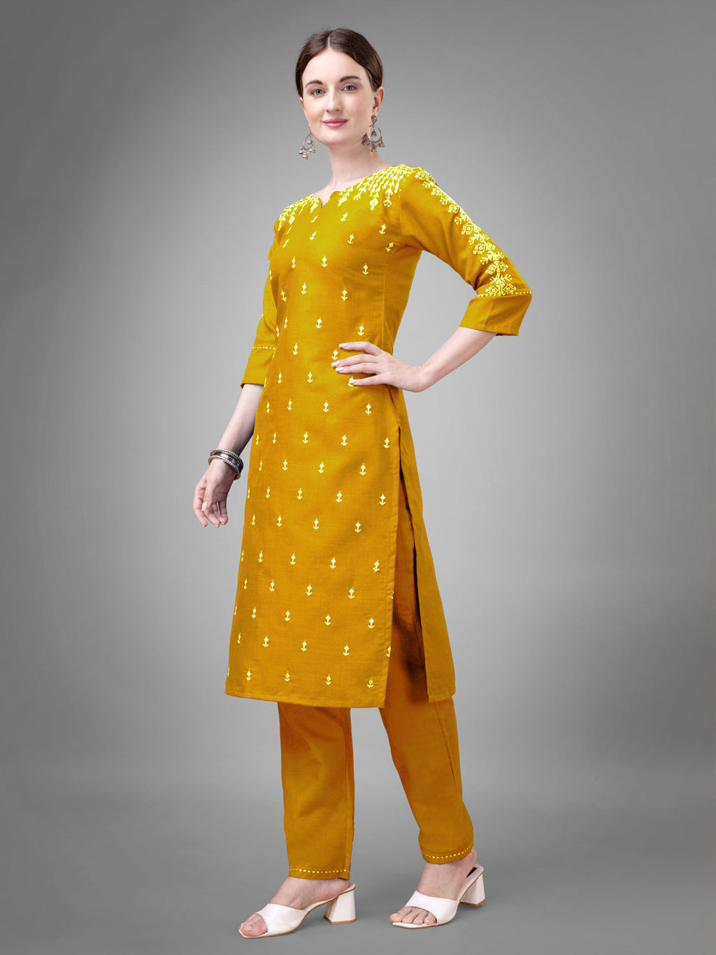 Jyoti Fashion Women's Yellow Cotton Blend Sequins with Embroidered Kurta Set | Grocsy