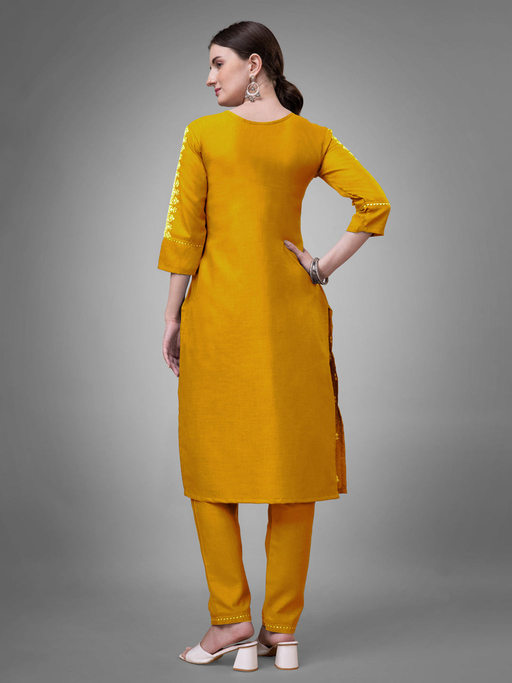 Jyoti Fashion Women's Yellow Cotton Blend Sequins with Embroidered Kurta Set | Grocsy