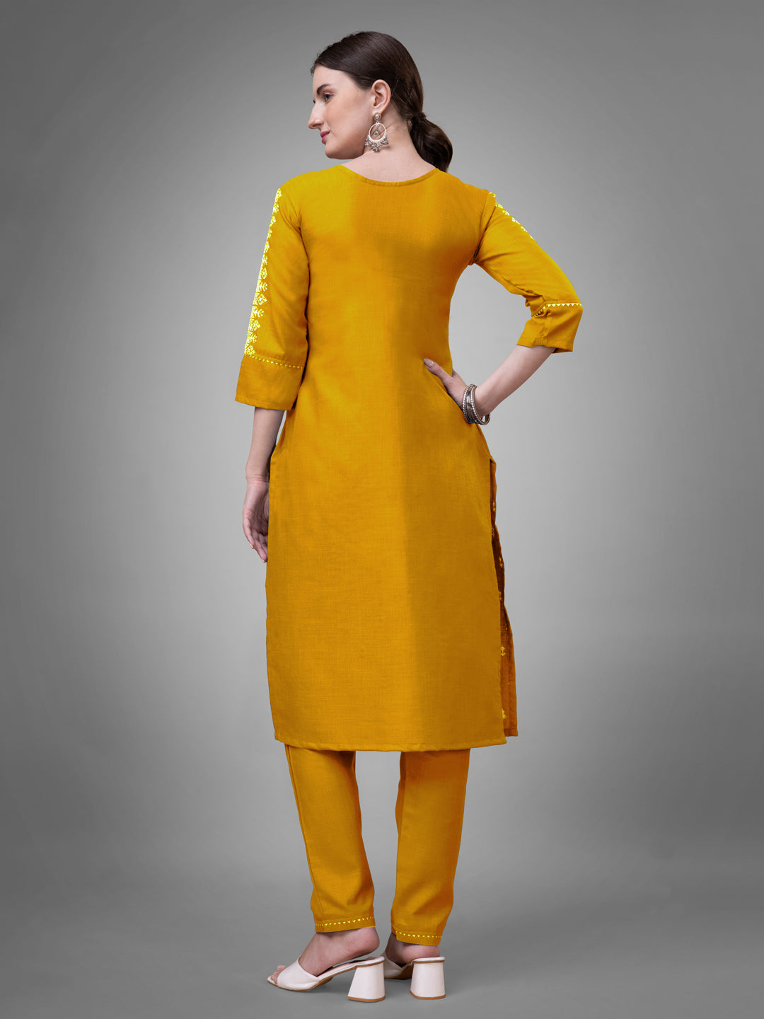 Jyoti Fashion Women's Yellow Cotton Blend Sequins with Embroidered Kurta Set | Grocsy