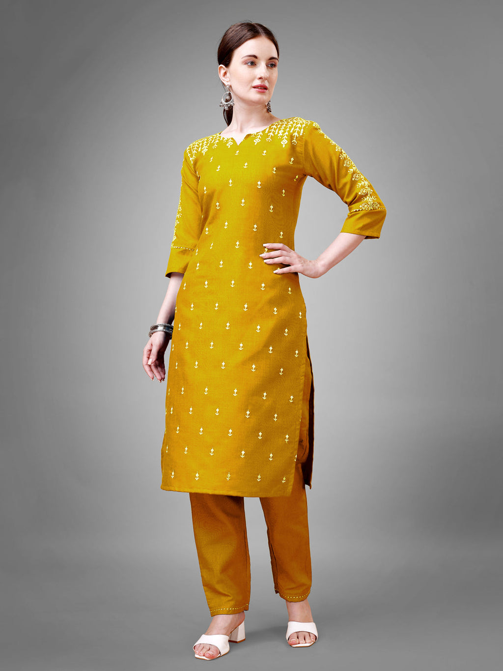 Jyoti Fashion Women's Yellow Cotton Blend Sequins with Embroidered Kurta Set | Grocsy