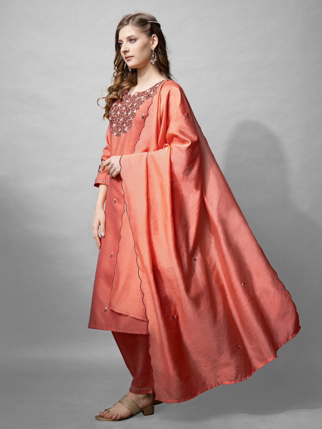 Jyoti Fashion Women's Coral Cotton Blend Embroidered Kurta Set | Grocsy
