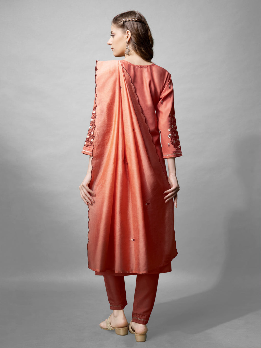 Jyoti Fashion Women's Coral Cotton Blend Embroidered Kurta Set | Grocsy