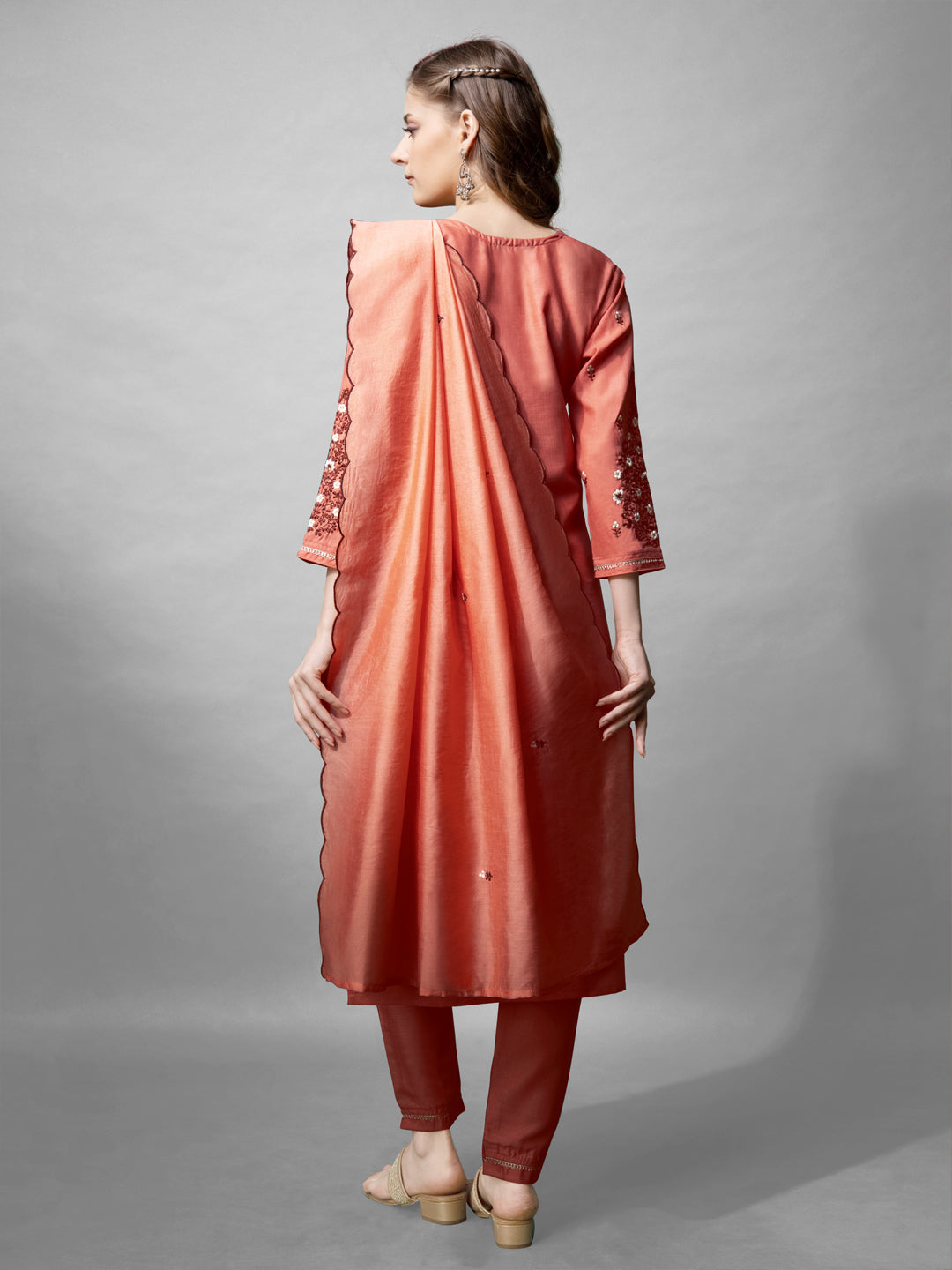 Jyoti Fashion Women's Coral Cotton Blend Embroidered Kurta Set | Grocsy