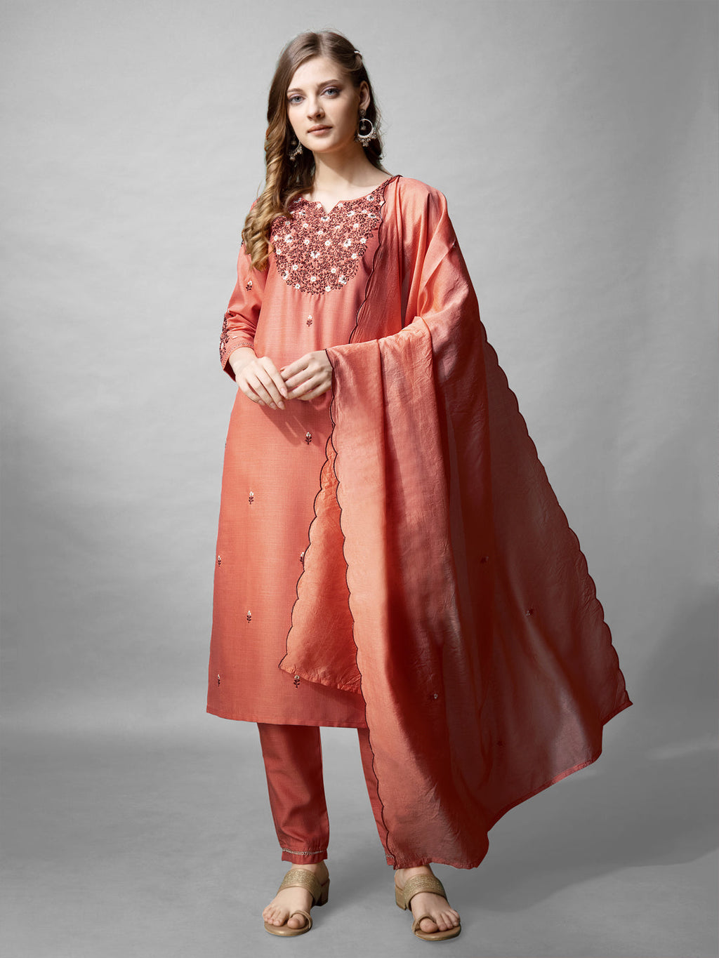 Jyoti Fashion Women's Coral Cotton Blend Embroidered Kurta Set | Grocsy
