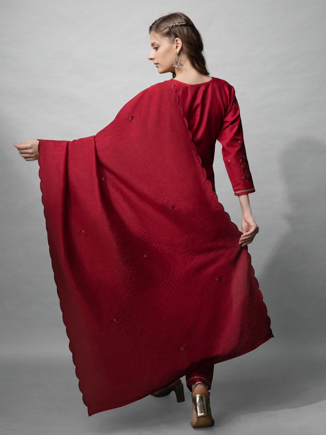 Jyoti Fashion Women's Maroon Cotton Blend Embroidered Kurta Set | Grocsy