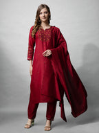 Jyoti Fashion Women's Maroon Cotton Blend Embroidered Kurta Set | Grocsy