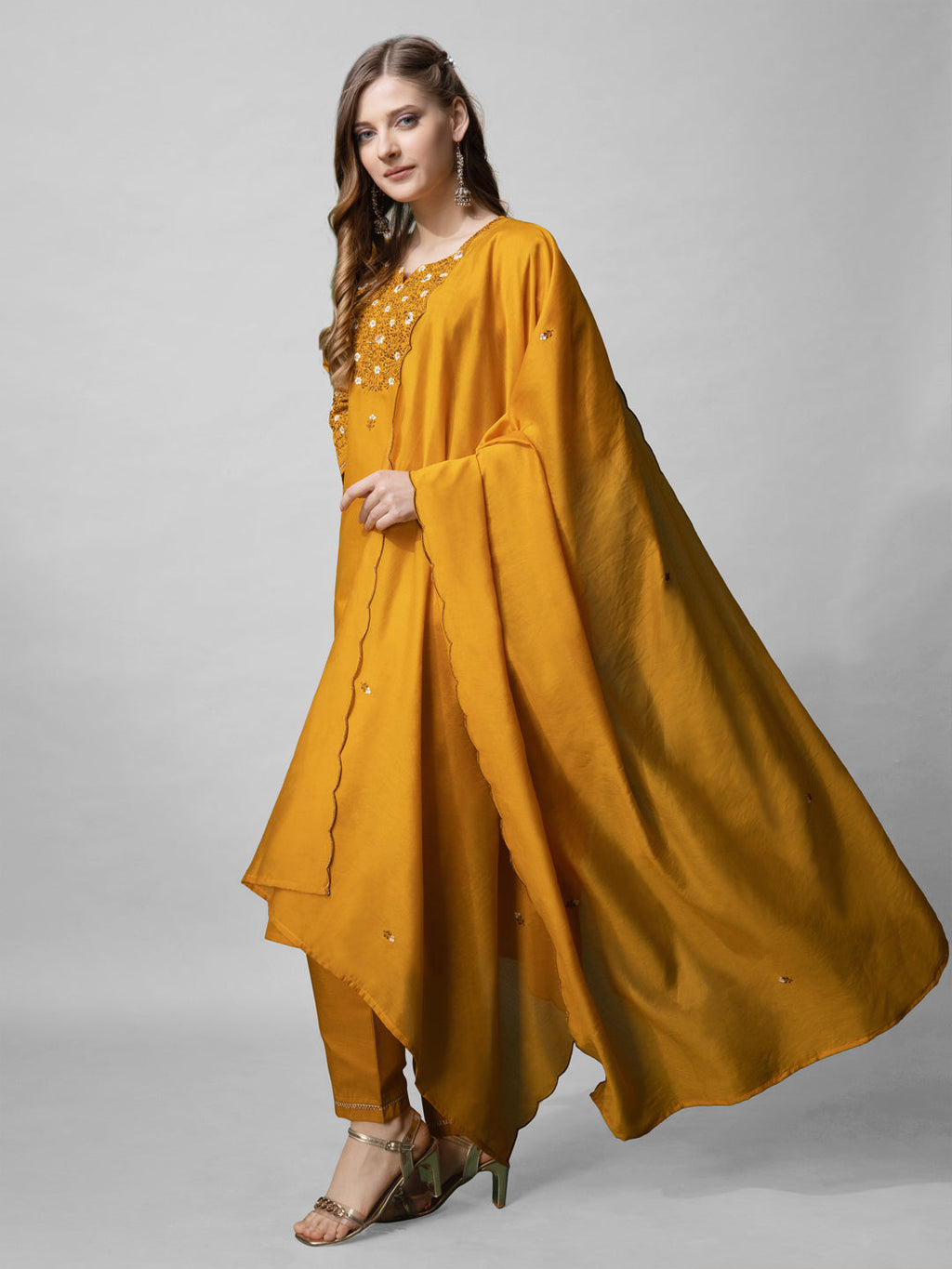Jyoti Fashion Women's Mustard Cotton Blend Embroidered Kurta Set | Grocsy